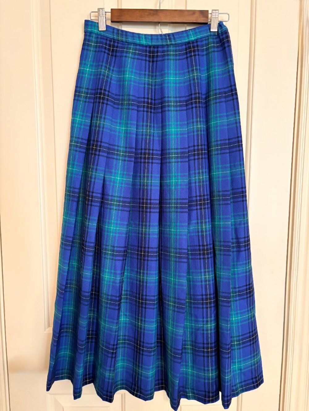 Vintage 90's Pendleton Wool Pleated Plaid Skirt Blue Green Black White Size 8